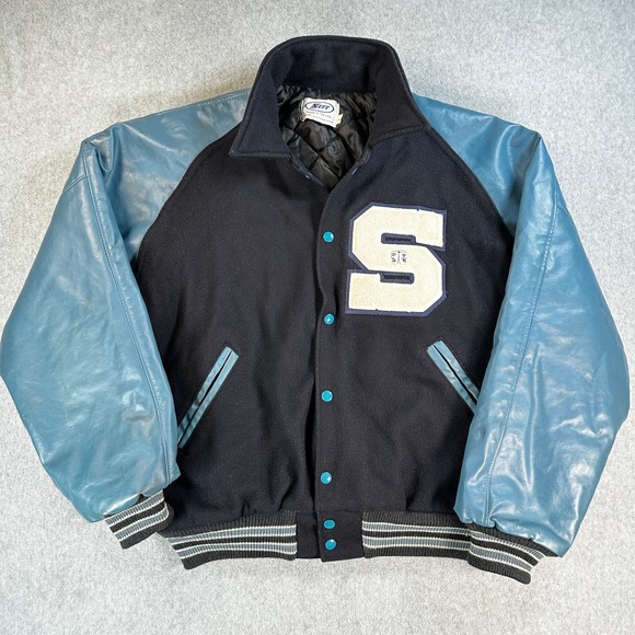 Neff Varsity Jacket Mens XL Black Light Blue Leather Sleeves Chenille USA Made